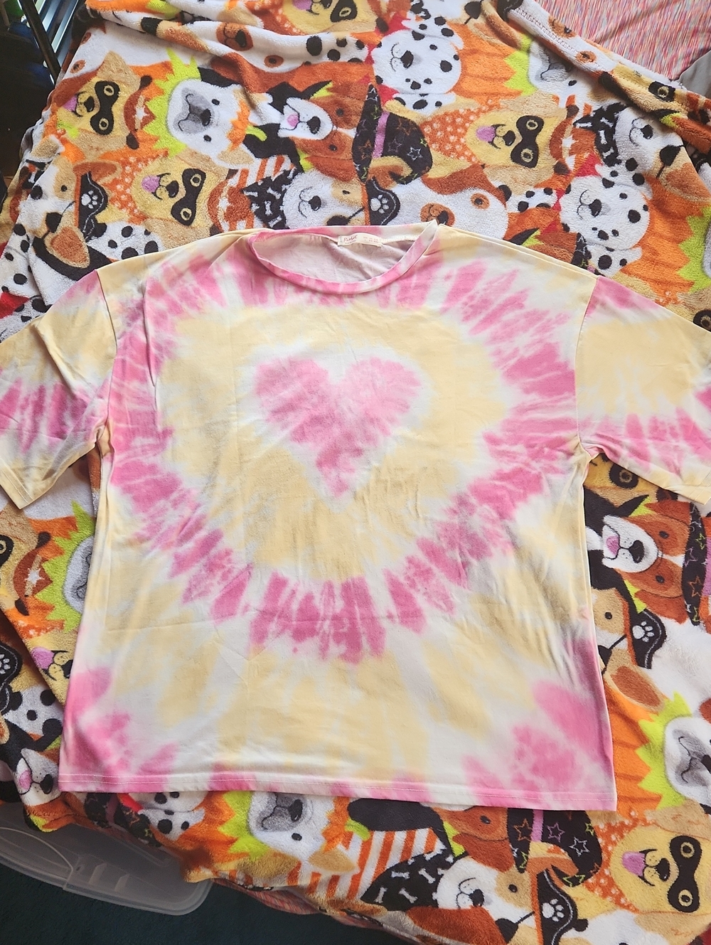 ROMWE Pink & Yellow Tie-Dye Heart Short Sleeve Tee L